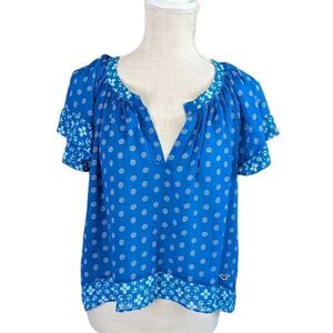 Hollister Women's Floral Boho V Neck Ruffled Short Sleeve Top Bright Blue XS New